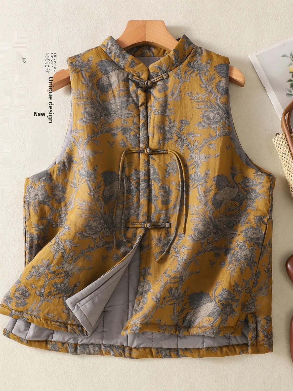 

Льняной хлопковый женский жилет с ретро-принтом, новинка зимы 2024, китайский национальный хлопковый топ с пуговицами ветра