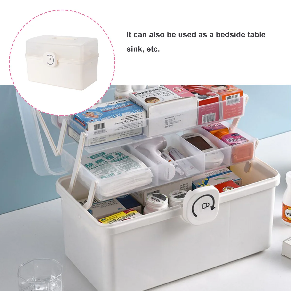 صندوق دواء محمول حقيبة تخزين بلاستيكية عالية الجودة مع مقبض وإبزيم قابل للدوران لمنظم الإسعافات الأولية في الهواء الطلق للمنزل #2