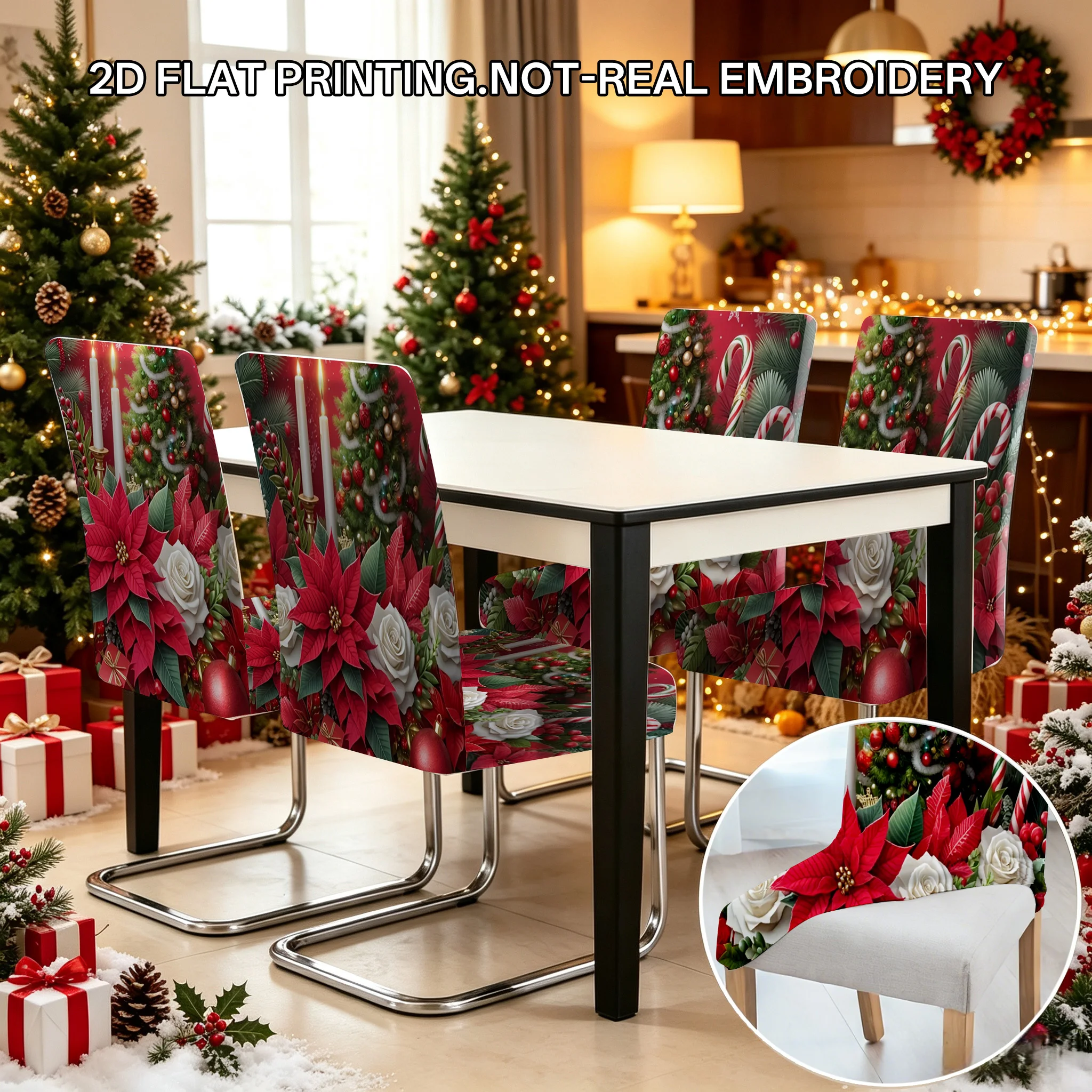 2/4/6 PCS red berry Christmas poinsettia elastic dining chair cover, 2D flat pattern holly Christmas home holiday decoration