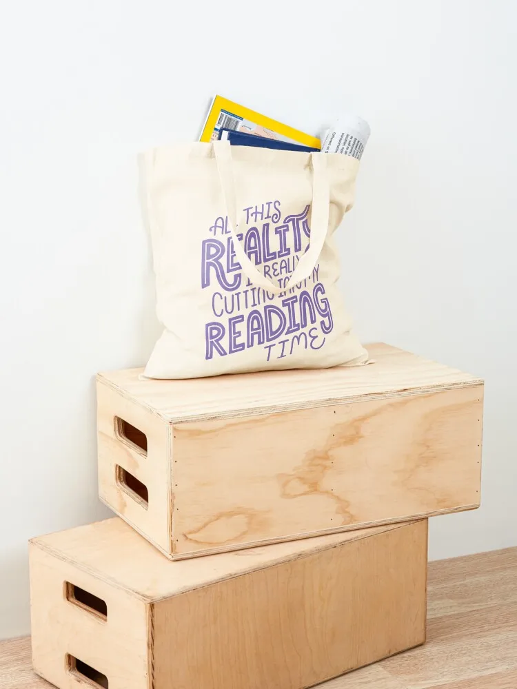 Reality Vs. Reading Purple - Book Nerd Quote Lettering Tote Bag cute pouch bag Canvas female bag