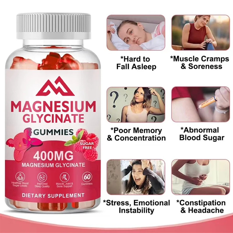 Magnesium glycinate gummies 400mg contain vitamin D, B6, calcium, and potassium supplements to promote bone health. 60 gummies