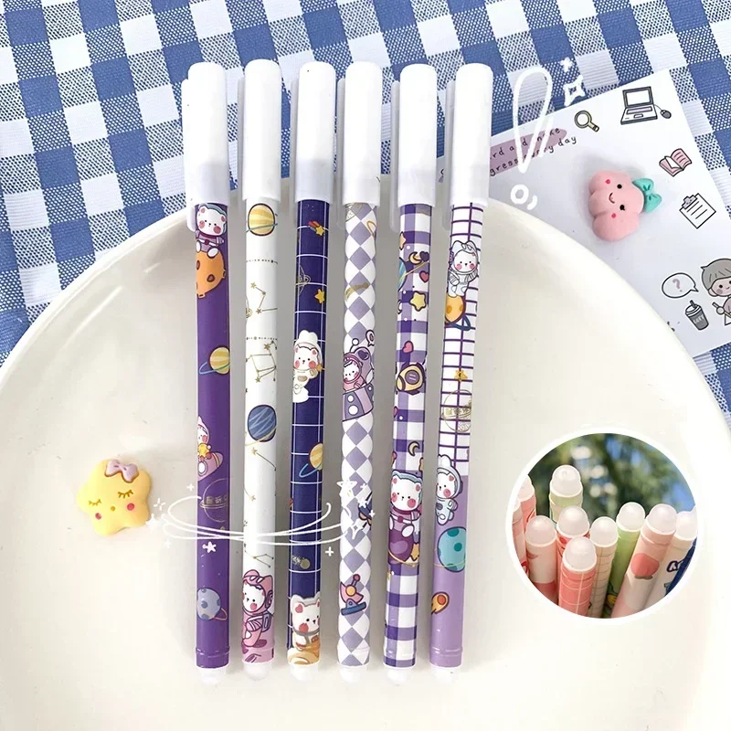 6pcs/set Erasable Gel Pen for Kids Kawaii Cartoon Rabbit Bear Style Stationery Gel Pen 0.5mm Blue Color Erasable Writing Pen