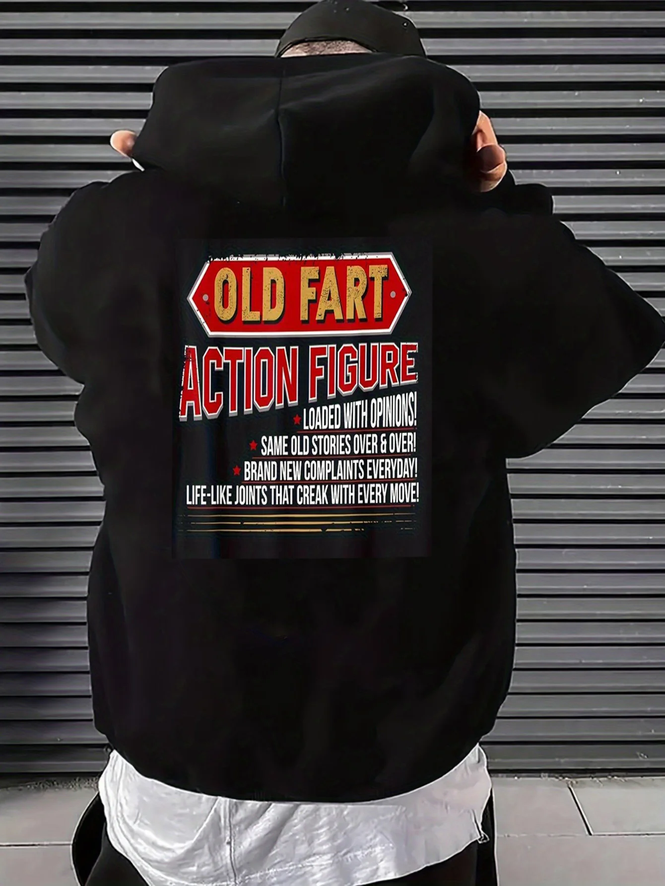 Men's Casual Hoodie with Fun Action Figures and Old Man Butt Pattern, Retro Nostalgic Humorous Statement Style, Large Size Long-Sleeve Pullover, Machine Washable Casual Fashion Top