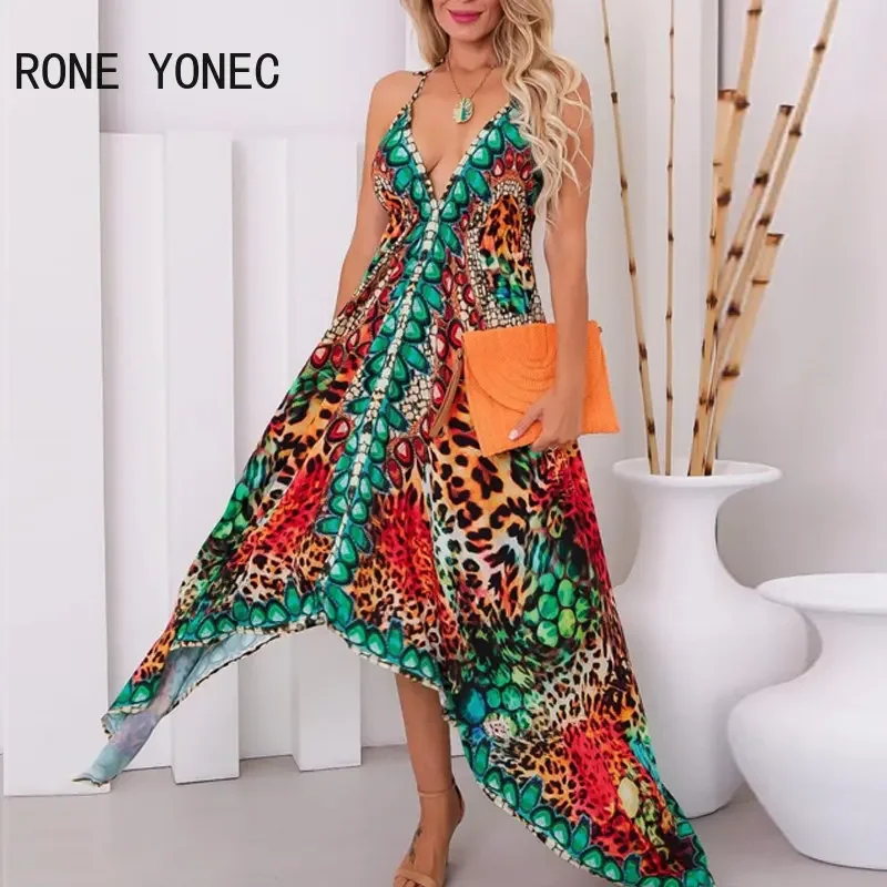 2023 Women Halter All Over Print Deep V Neck Lace Up Sleeveless Asymmetrical Maxi Summer Vacation Dresses