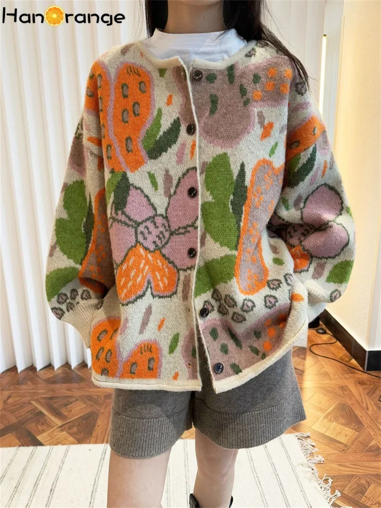 HanOrange 2025 Early Spring Fashion Orange Jacquard Wool Knitted Cardigan Women Soft Sticky Skin Friendly Top Sweater