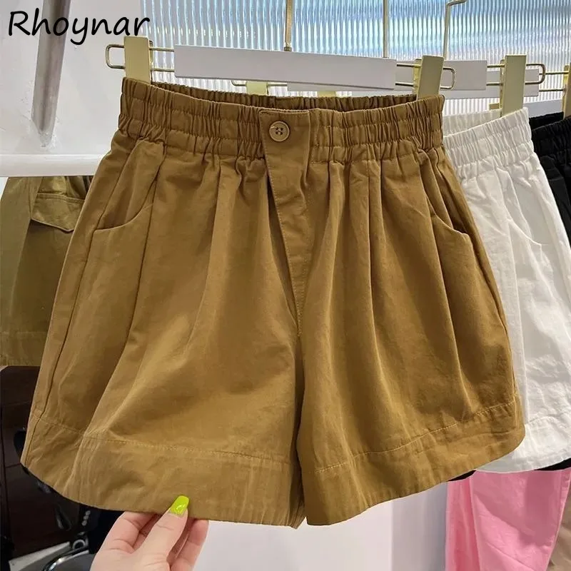 

Solid Shorts Women Korean Style Fashion Elastic Waist Baggy Wide Leg Casual All-match Button Personality Female College Summer