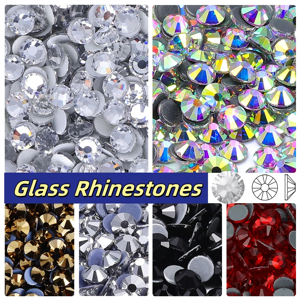 Glitter Crystal AB Round Glass Flatback Self-adhesive Rhinestones Various Sizes Hotfix Crystal For Needlework Wedding Dress DIY