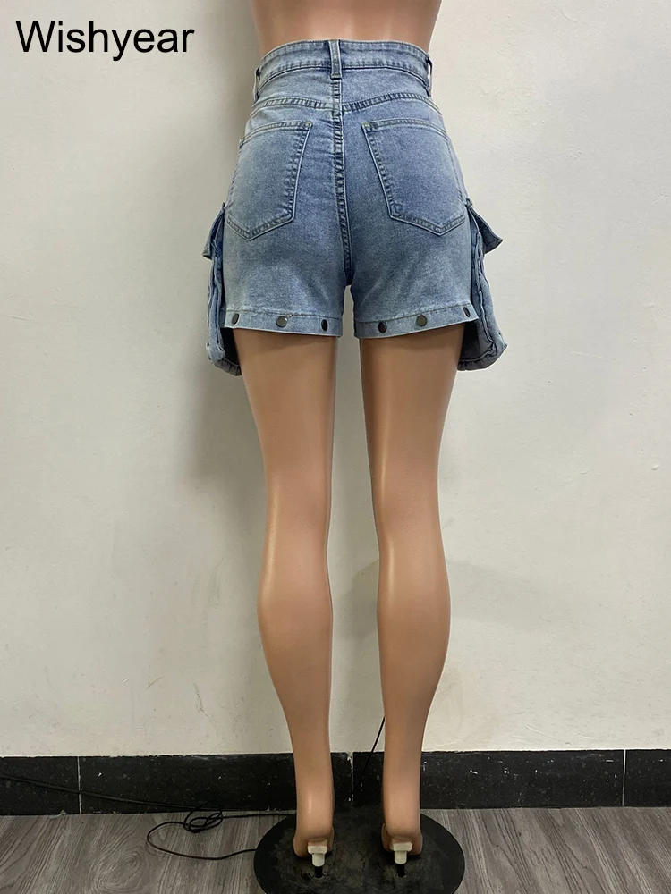 Women Fashion Designer Button Fly High Waist 3D Pockets Jeans Casual Straight Trousers Detachable As Shorts Denim Cargo Pants