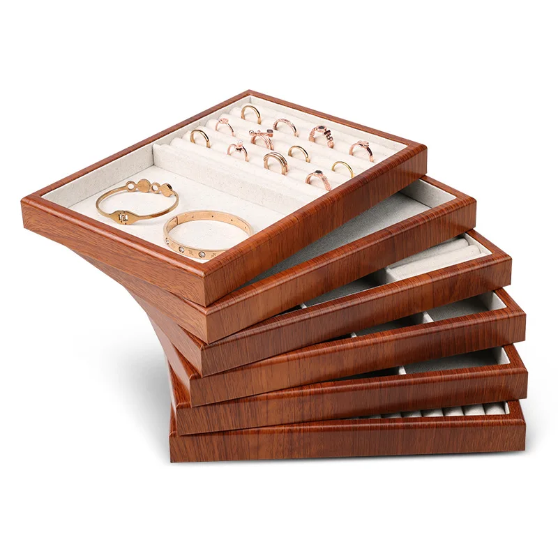 Linen Jewelry Tray Wood Grain Ring Earring Necklace Bracelet Display Panel Jewelry Display Storage Rack Showcase Accessories