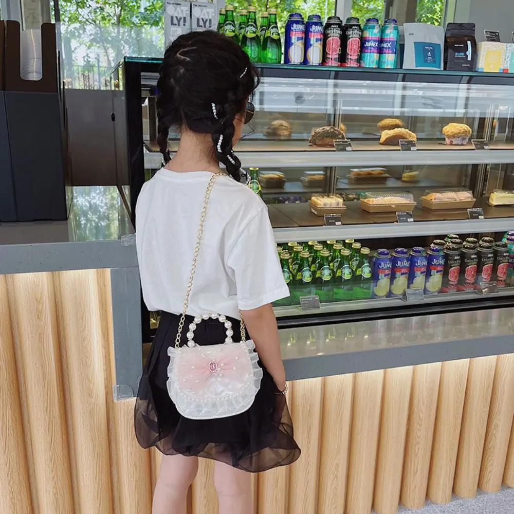 Bow-knot Mini Chain Crossbody Bag Cute Pearl Handle Square Princess Shoulder Bag Coin Purse Clutch Bag Kid's Handbag