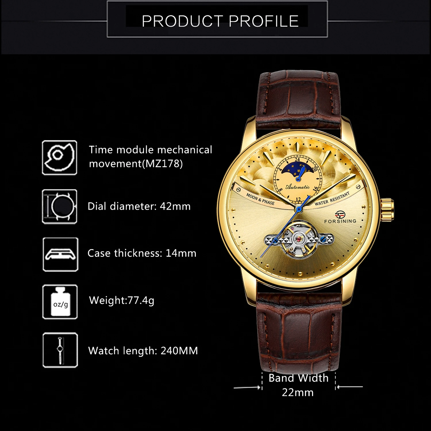 Forsining Luxury Gold Automatic Watch for Men Moon Phase Retro Brown Genuine Leather Belt Tourbillon Skeleton Mechanical Watches