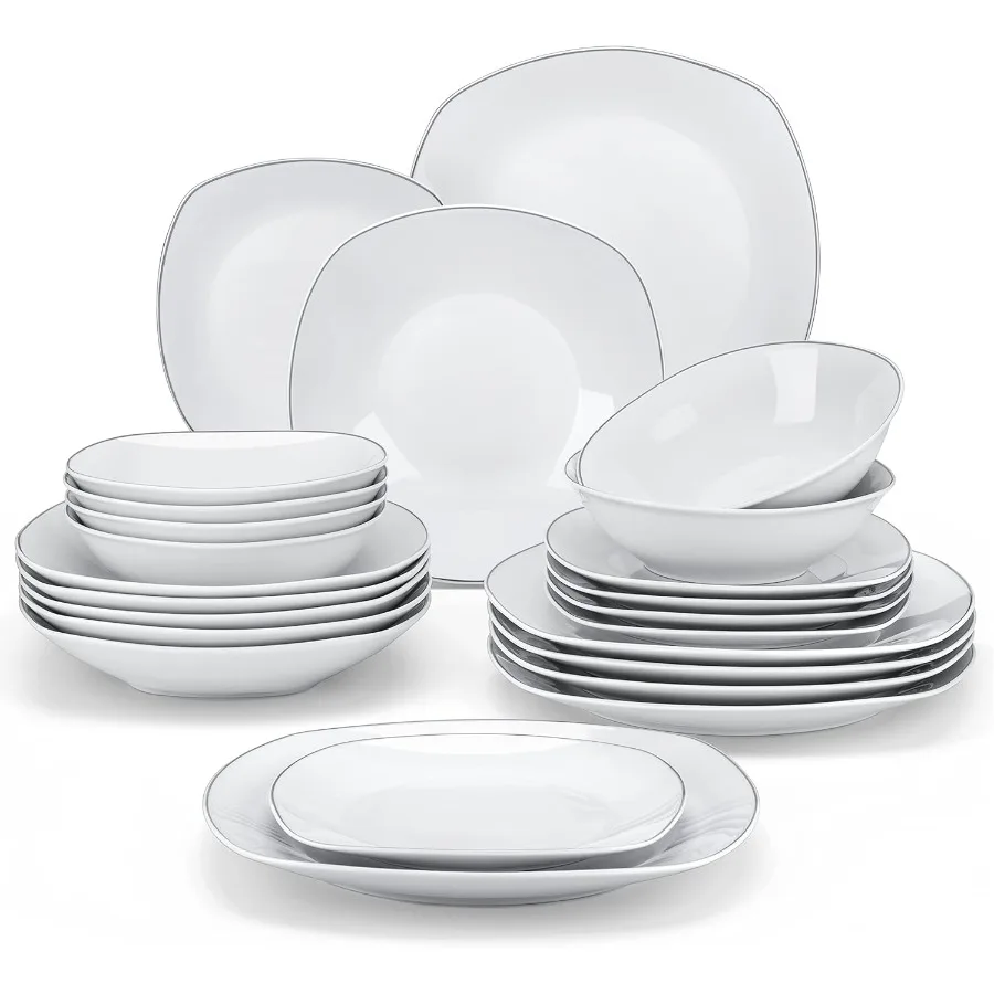 

Dinnerware Sets 24 Piece Porcelain Square Dishes White with Silver Rim Plates and Bowls Sets Ceramic Dish Set for 6 Chip Resist