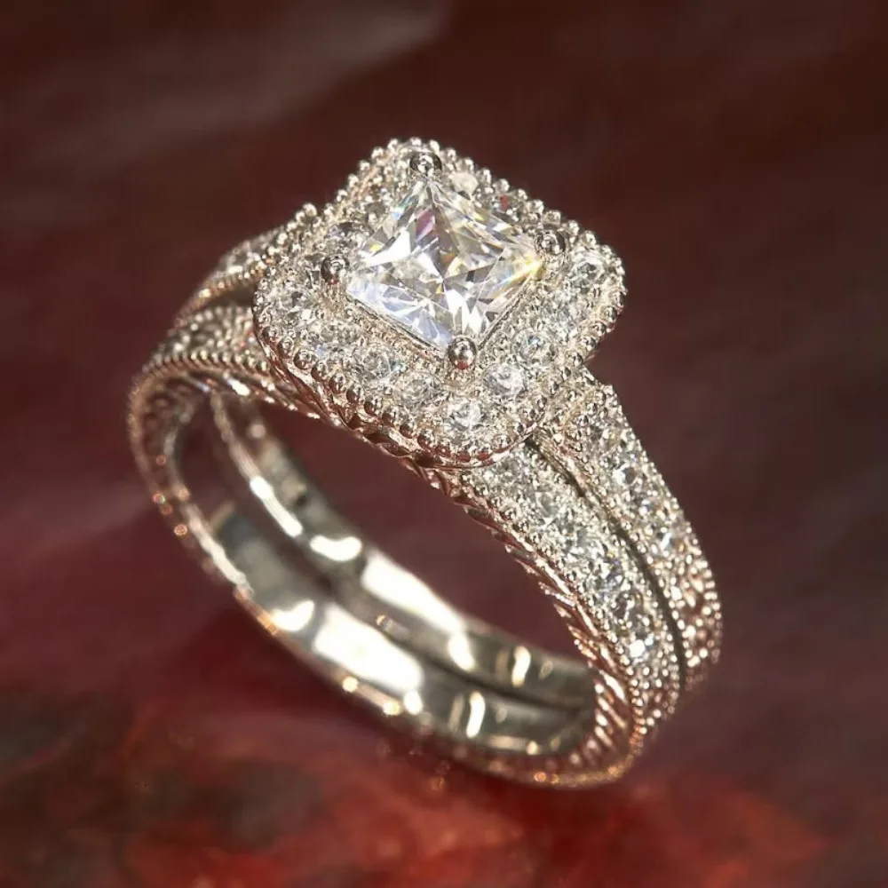 2pcs Set Luxury Super Flash Square High Quality 5A Zircon Rings for Women Charm Bride Wedding Engagement Stackable Jewelry Sets