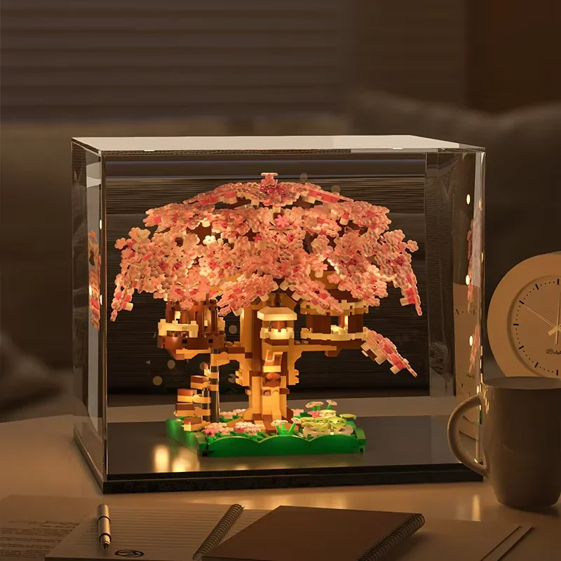 子供のビルディングブロック DIY おもちゃピンク正方形桜ツリーハウス建設セット花大人の装飾品ギフト