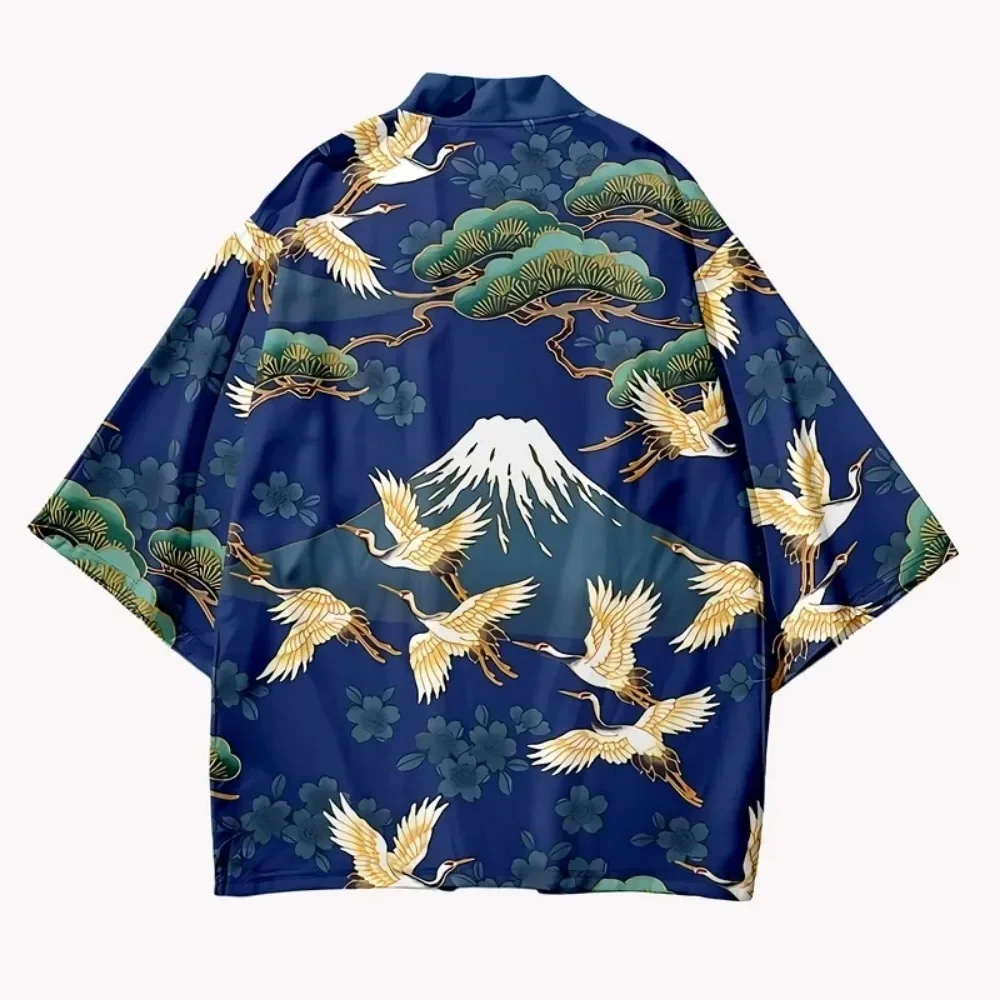 Crane Pattern Print Kimono Cardigan Traditional Men Women Harajuku Yukata Top Japanese Haori Samurai Cosplay Streetwear Clothing