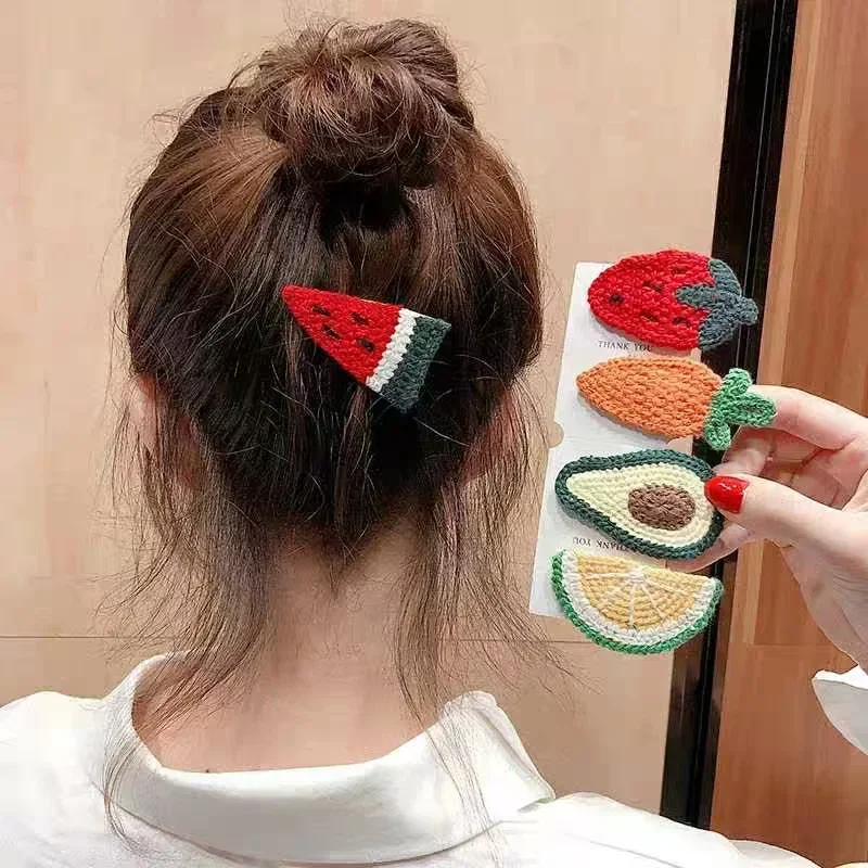 Women Manual Weave Cute Hair Pins Carrot Strawberry Watermelon Lemon Fruit Wool Hair Clips for Girl Fashion Hair Accessories