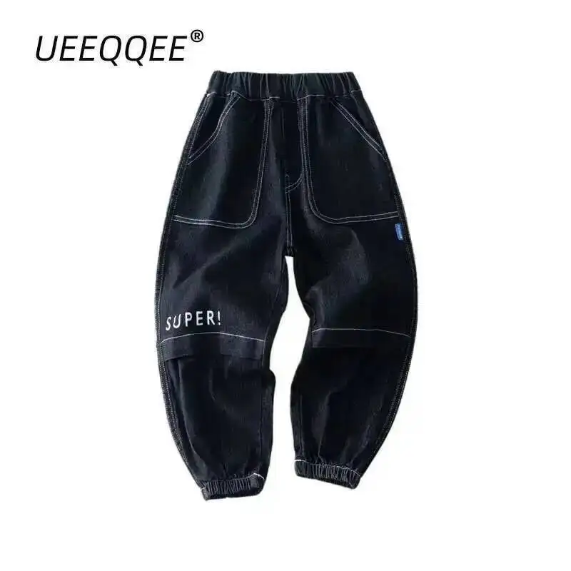 

Spring Autumn Children Jeans 4-6Y Boys Cotton Spliced Letter Stretch Denim Pants Loose Jogger Trousers Korean Kids Wear Clothing