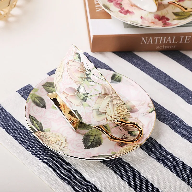 Premium Bone China Tea Cup Saucer Set Creative Coffee Mug Gift Box Floral Pattern Vintage Porcelain Home Drinkware Collection