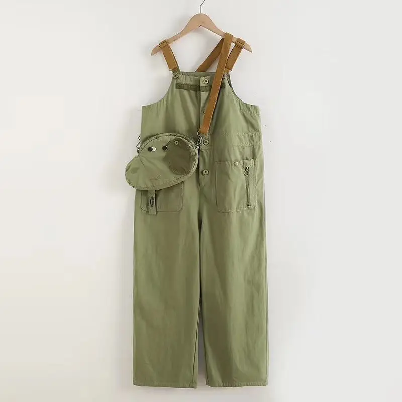 

Japanese Vintage Army Green Cargo Loose Jumpsuit Overalls for Women Autumn New Cute Multi-pocket Casual Straight Romper Jumpsuit