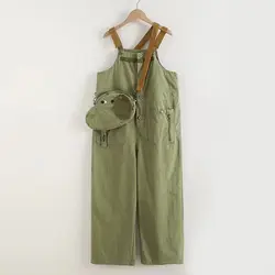 Japanese Vintage Army Green Cargo Loose Jumpsuit Overalls for Women Autumn New Cute Multi-pocket Casual Straight Romper Jumpsuit