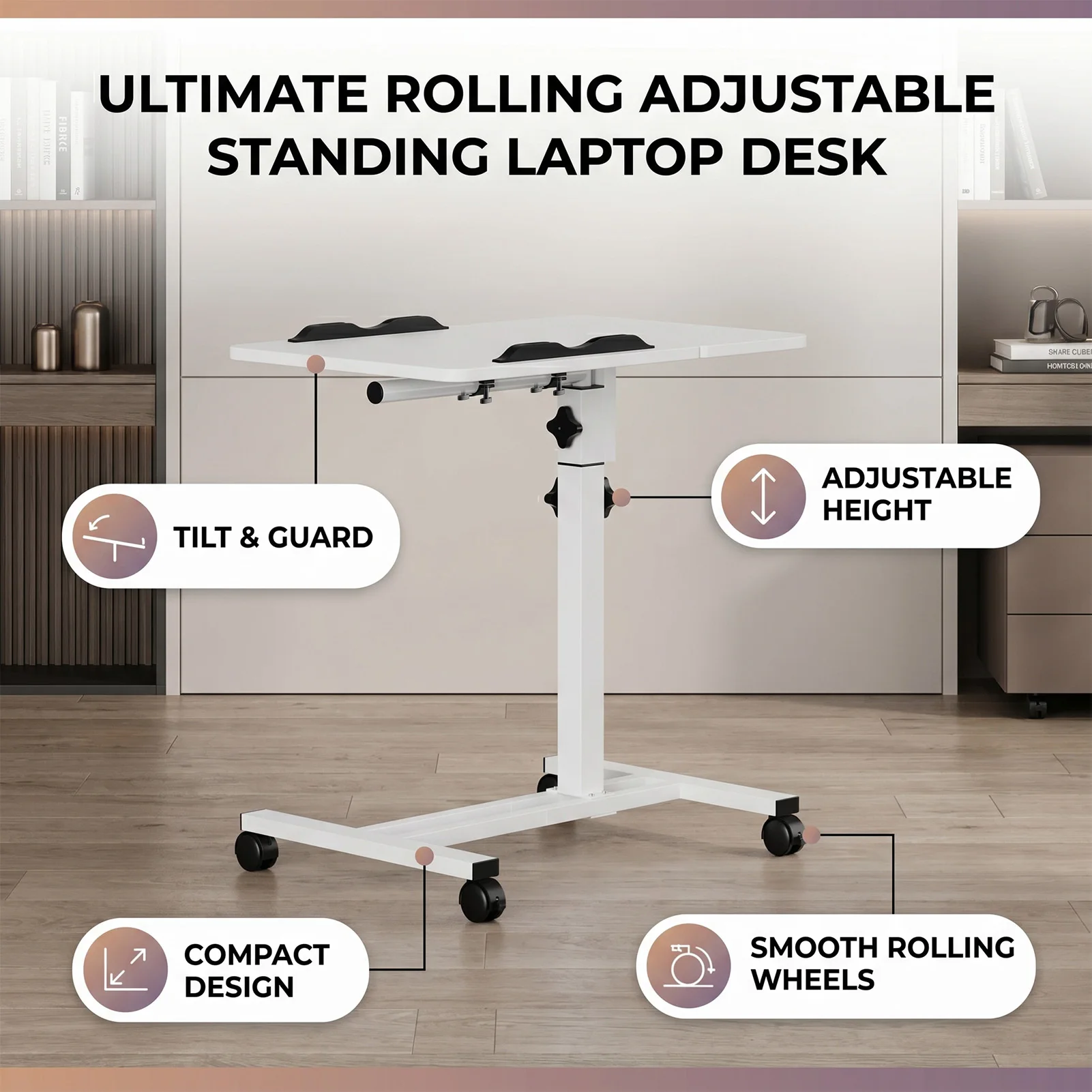 Modern Small Standing Desk with Wheels Wood Height Adjustment Portable Mobile Rolling Table Laptop PC Stand for Home Office
