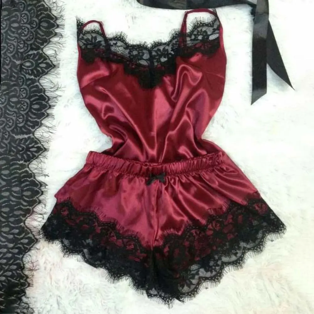 Setelan Piyama Renda Ikatan Simpul Mode Celana Pendek Leher-v Tanpa Lengan Baju Tidur Kamisol Pakaian Rumah Wanita Pakaian Tidur Dua Potong Longgar Musim Panas