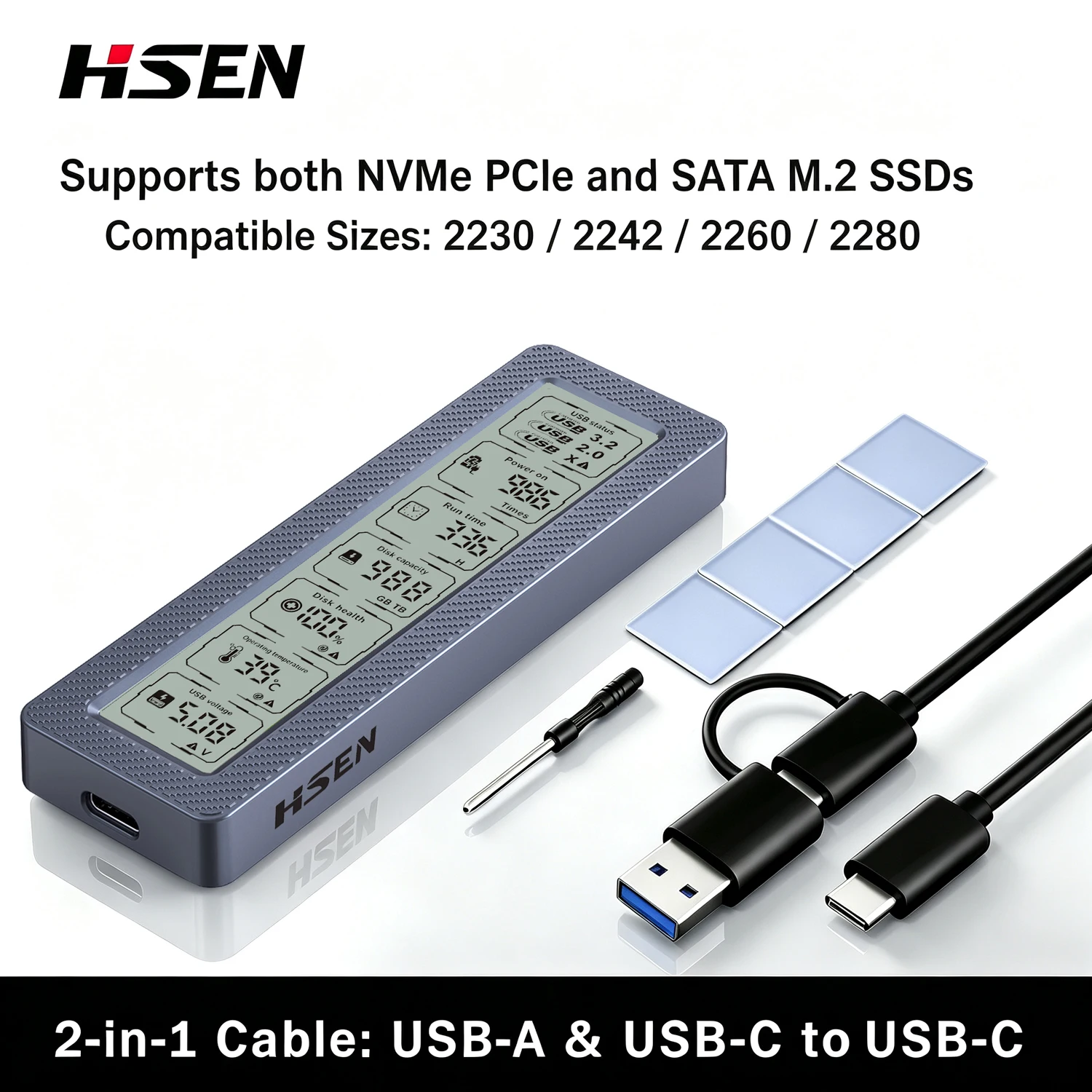 M.2 SSD-Gehäuse mit Smart-Display, Echtzeit-SSD-Zustandsmonitor, USB 3.2 Gen 2 10Gbps, NVMe & SATA Dual-Protokoll M.2 SSD-Gehäuse