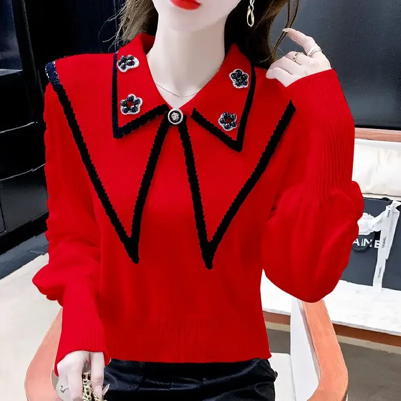 

Sweet Collar Beading Puff Sleeve Sweaters Female Clothing 2024 Autumn Winter Loose Commute Pullovers Korean Tops B557