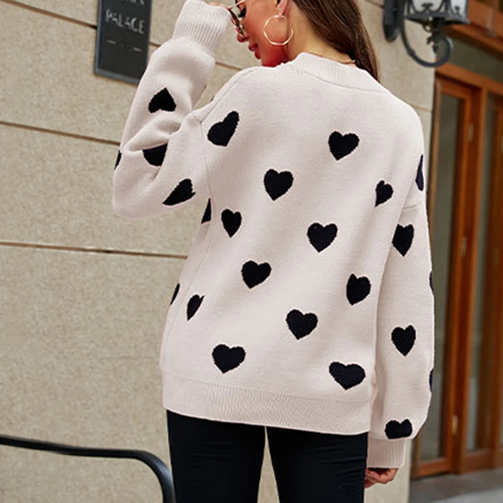 

Women'S Fashionable Round Neck Long Sleeved Color Blocked Love Casual Pullover Sweater Top Pulls Femmes Winter Clothes Woman