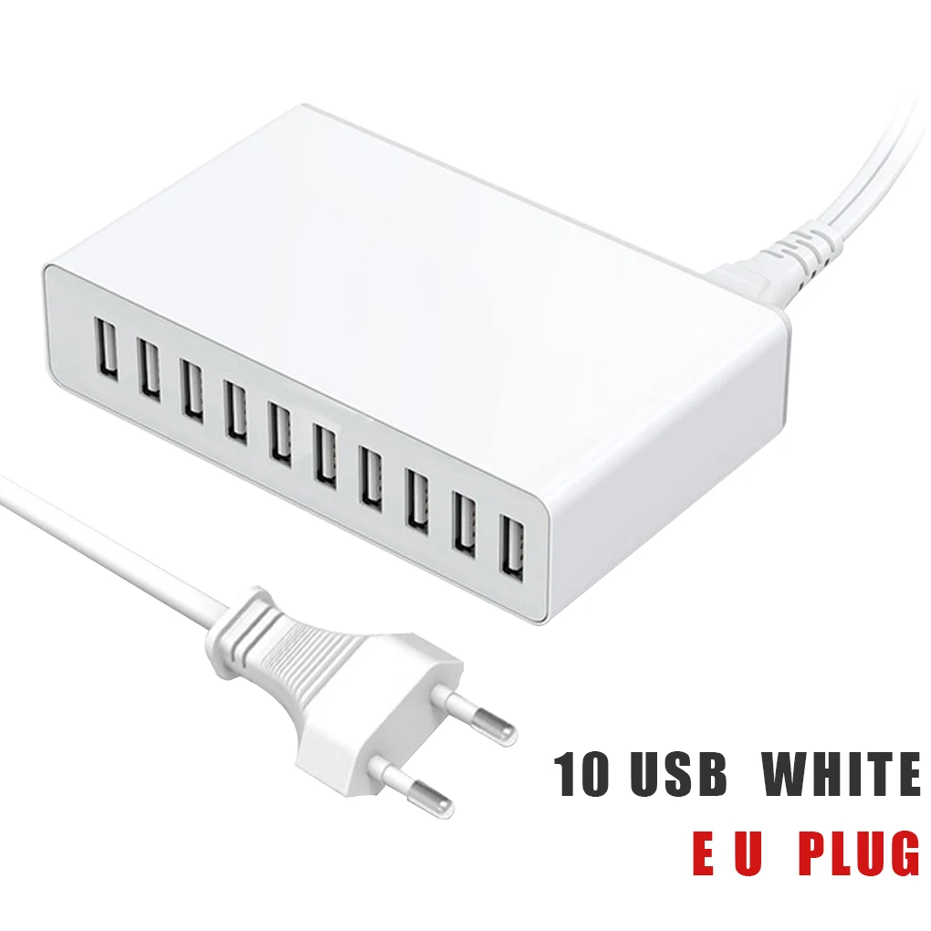 

10-port USB Charger Mobile Phone Tablet MP3 MP4 USB Power Adapter Desktop Charging Station, White, US Plug