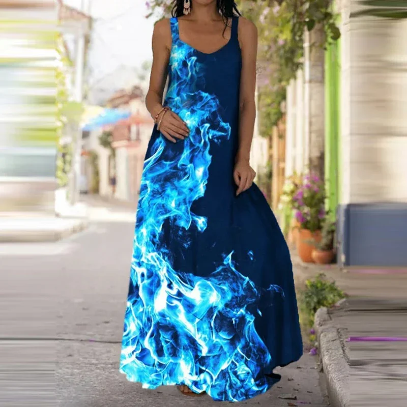 Women\'s Fashionable Flame Printed Sleeveless Dress  Summer Casual Printed Long Dress