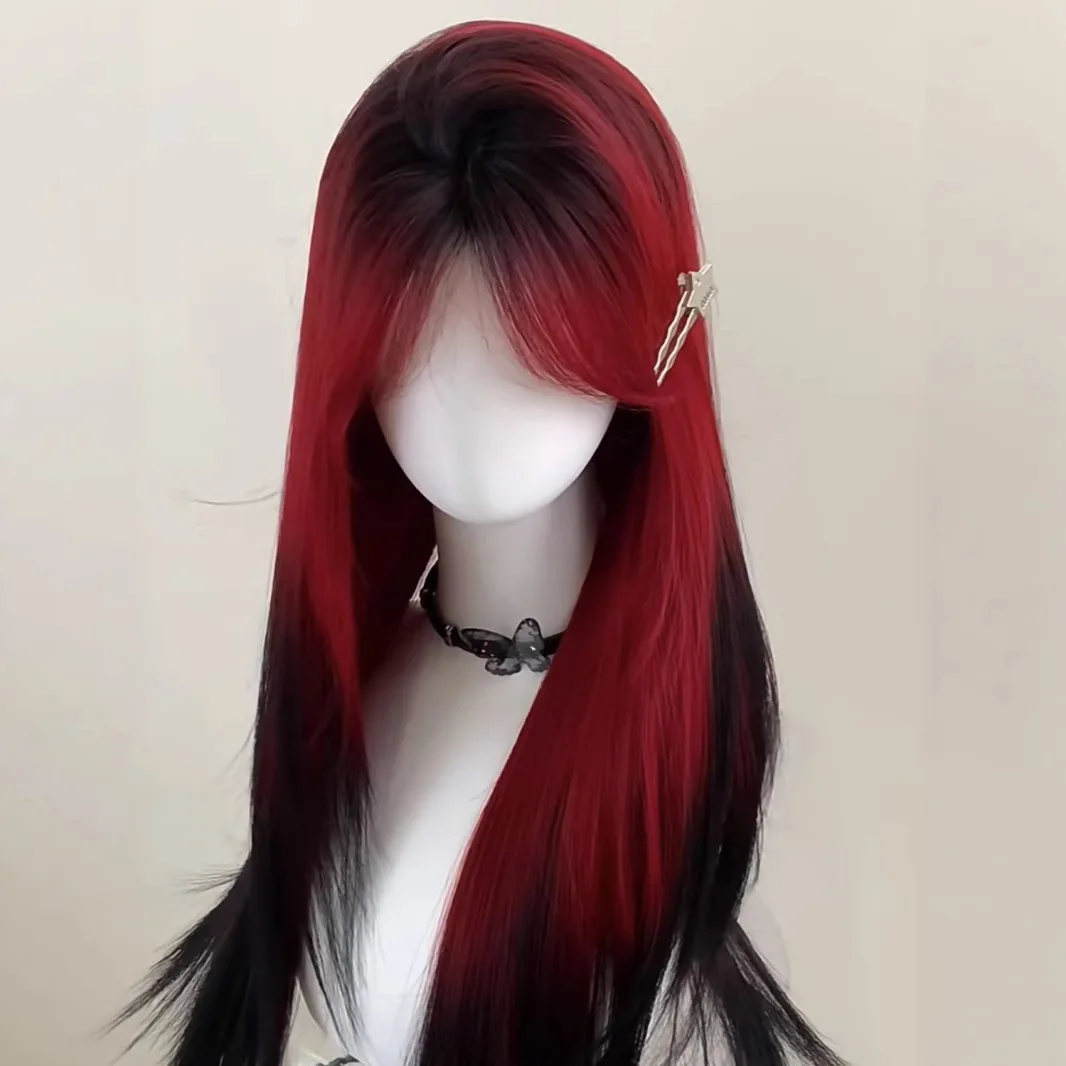 赤と黒の徐々に変化するミディアムレングスのストレートヘアクールでハンサムなレデイリーウェア夏薄い