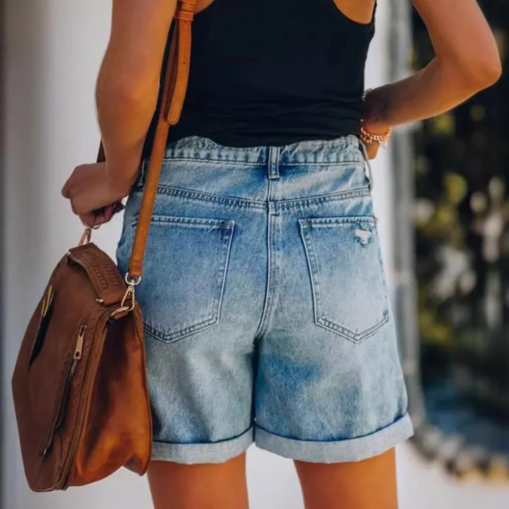 New Womens High Waisted Distressed Denim Shorts 4