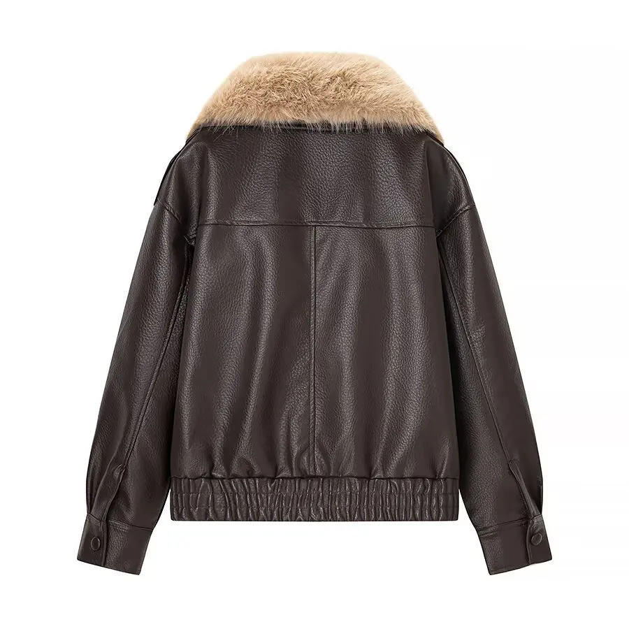 2025 Otoño e Invierno nuevo estilo europeo y americano cuello de piel desmontable chaqueta de motocicleta de cuero PU chaqueta de moda