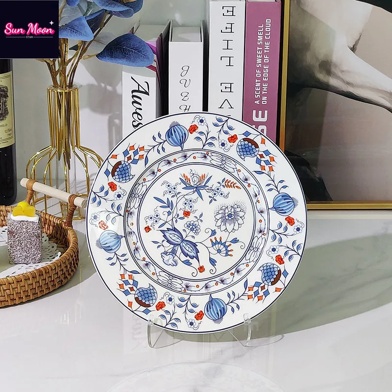 European Blue Flower Handmade Ceramic Two Piece Set Dining Plate Household Disk Gift Restaurant Dining Plate Luxury Set