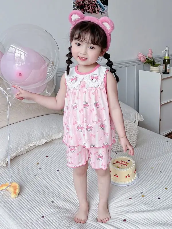 New Kawaii Sanrio Cinnamoroll Summer Kids Suit Kuromi Cinnamoroll Hello Kitty My Melody Anime Girl Pajamas Baby Short Sleeve Set