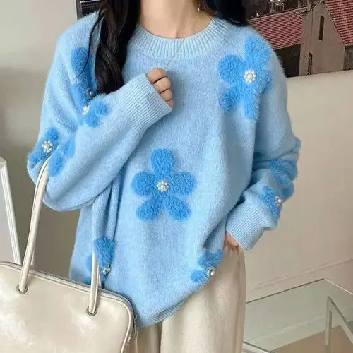 DAYIFUN-Flower Nail Bead Sweaters for Women,Loose,Round Neck,Winter Pullover for Lady,Korean Long Sleeved Chic Versatile Sweater