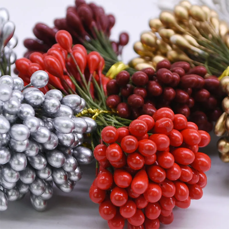 50/100pcs Artificial Flower Stamen Berries Bundle Gold Silver Double Heads Cherry Stamen DIY Christmas Wedding Wreath Decoration