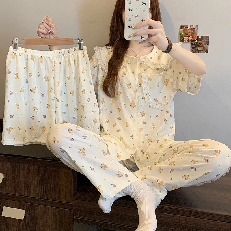 

Повседневная пижама в корейском стиле с цветочным принтом для женщин, кружевной дизайн, короткая летняя новая крутая женская одежда для дома, милый милый пижамный комплект