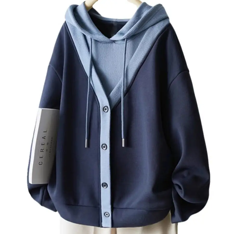 

American retro hot girl trend German velvet fake two-piece hoodie autumn/winter style thick women's casual commuting tops emo