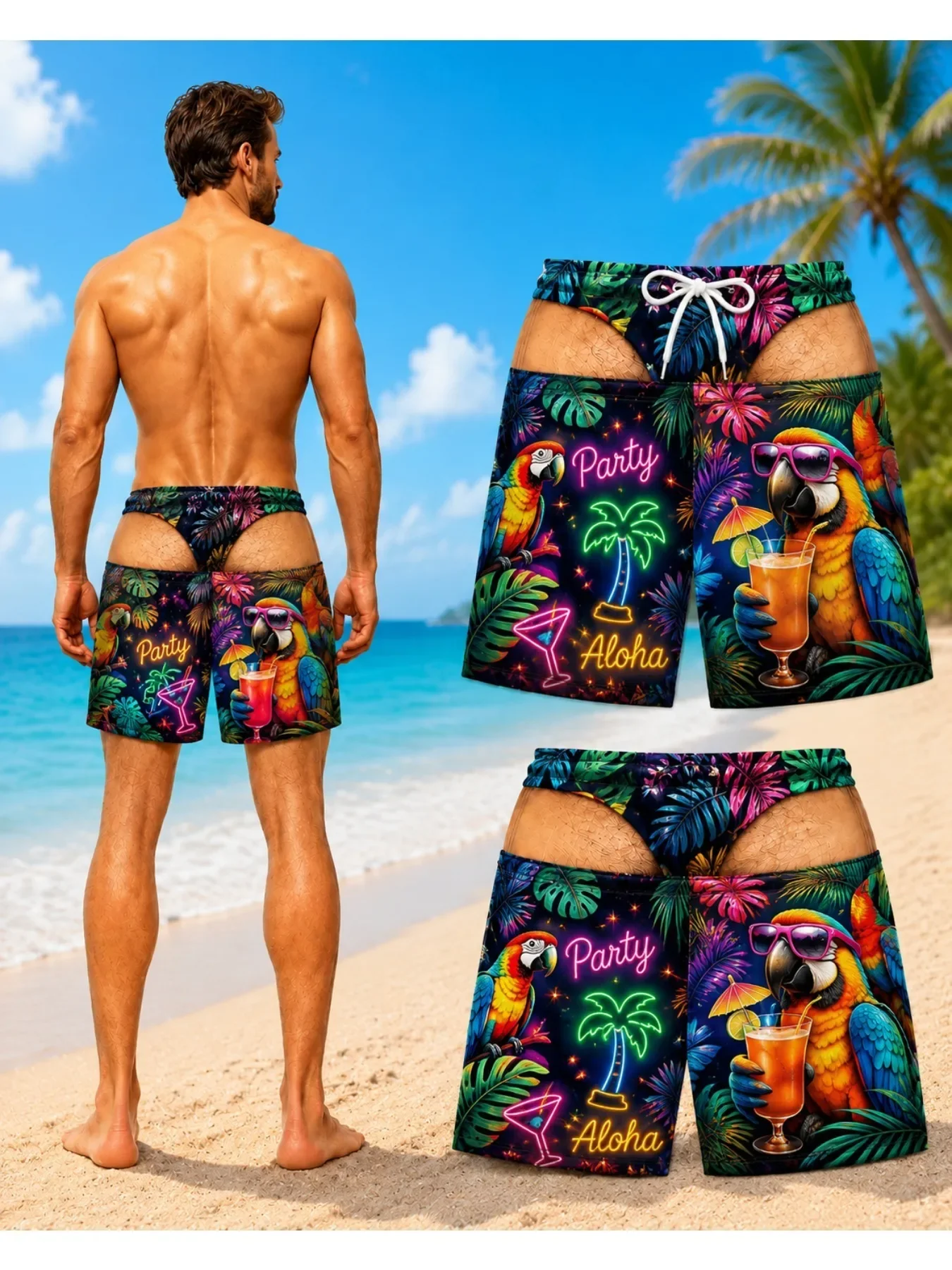 Mens Pink Watermelon Fruit Fake Butt Cutout Optical Illusion Quick Dry Beach Swim Shorts
