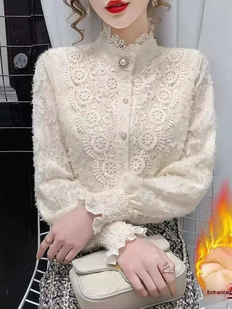 

Women's Fleece Lined Thickened Lace Base Shirt Autumn Winter 2025 New Versatile Base Top Stylish Two Piece Set Fashionable
