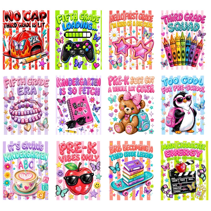 Coloful Iron On Back-to-school season Letter Clothing Fashion Women Heat Transfer Sticker T Shirts High Quality Folwer Appliqued