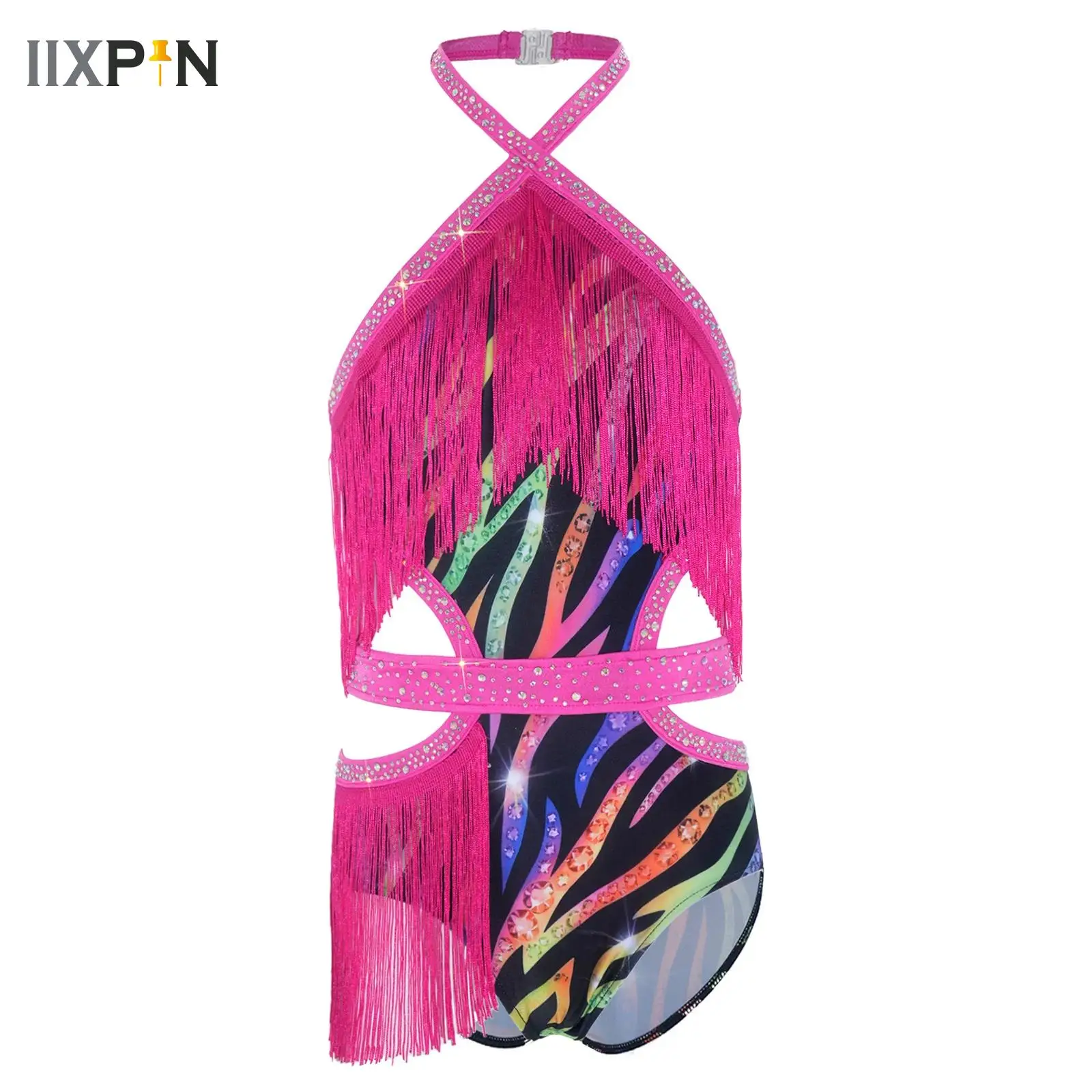 Maillot de Ballet Lírico con Borlas para Niñas, Vestido Brillante para Danza Latina, Salsa, Jazz, Tango, sin Mangas, con Fruncido y Flecos, Tipo Body/Unitard