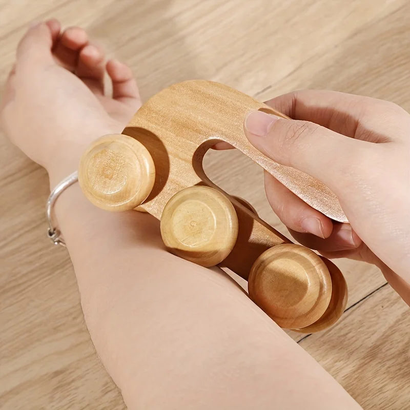 1pc Natural Wood Six-Wheel Massage Roller, Soft Tip Acupressure Tool for Effective Trigger Point Stimulation & Comfort
