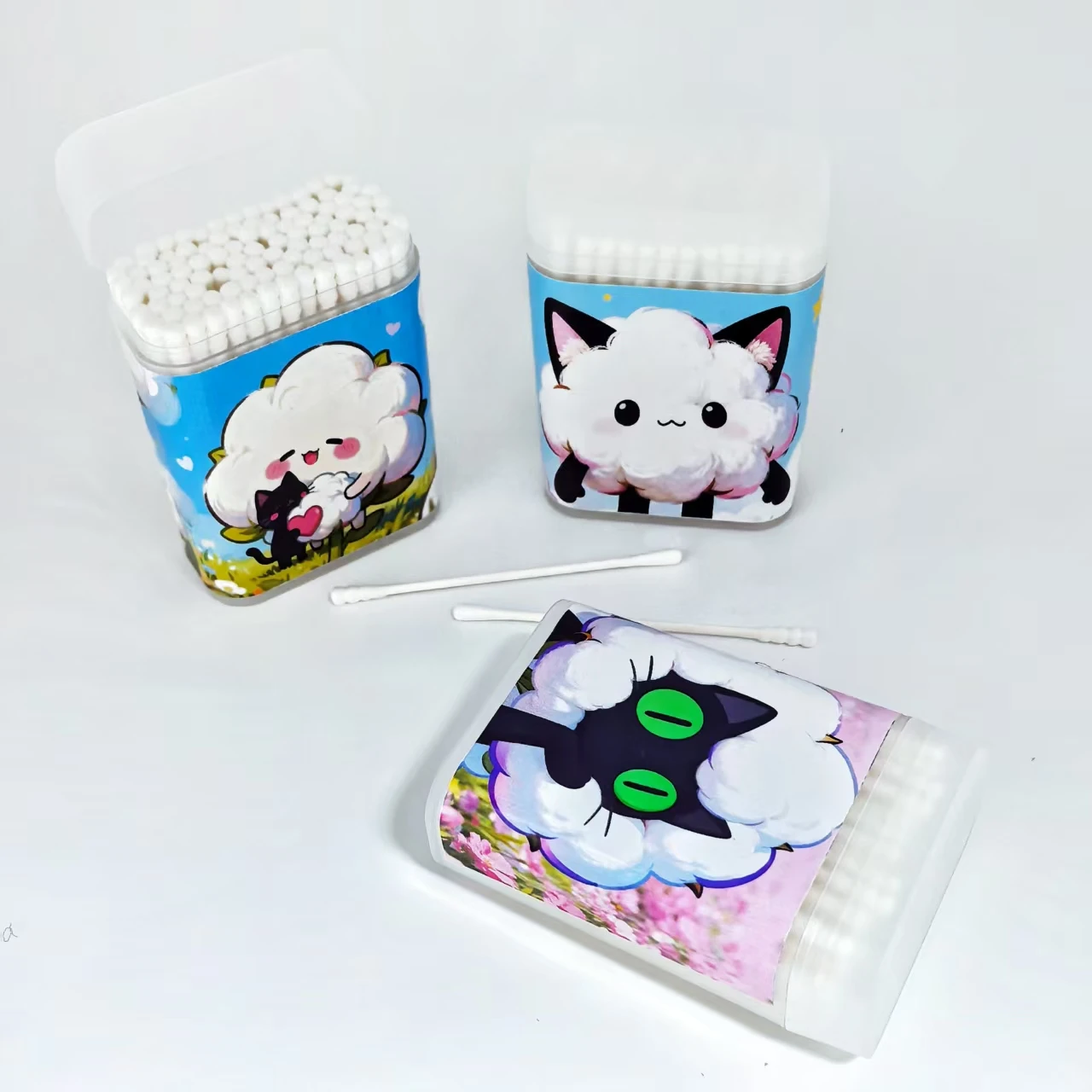 귀여운 검은 고양이 요소 면봉 300개, 미세 축 나사형 원형 면봉 스틱