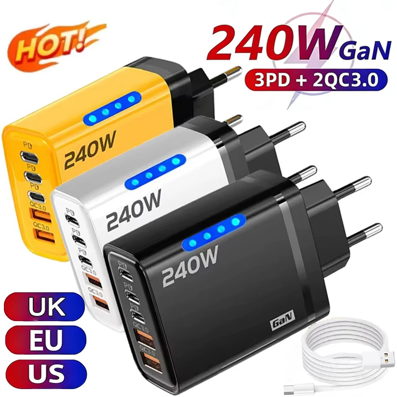 240W 5-in-1 GaN Fast Charger Desktop Power Adapter 3PD 2USB Ports for iPhone Samsung Xiaomi Tablet EU/US/UK Plug USB C Charger