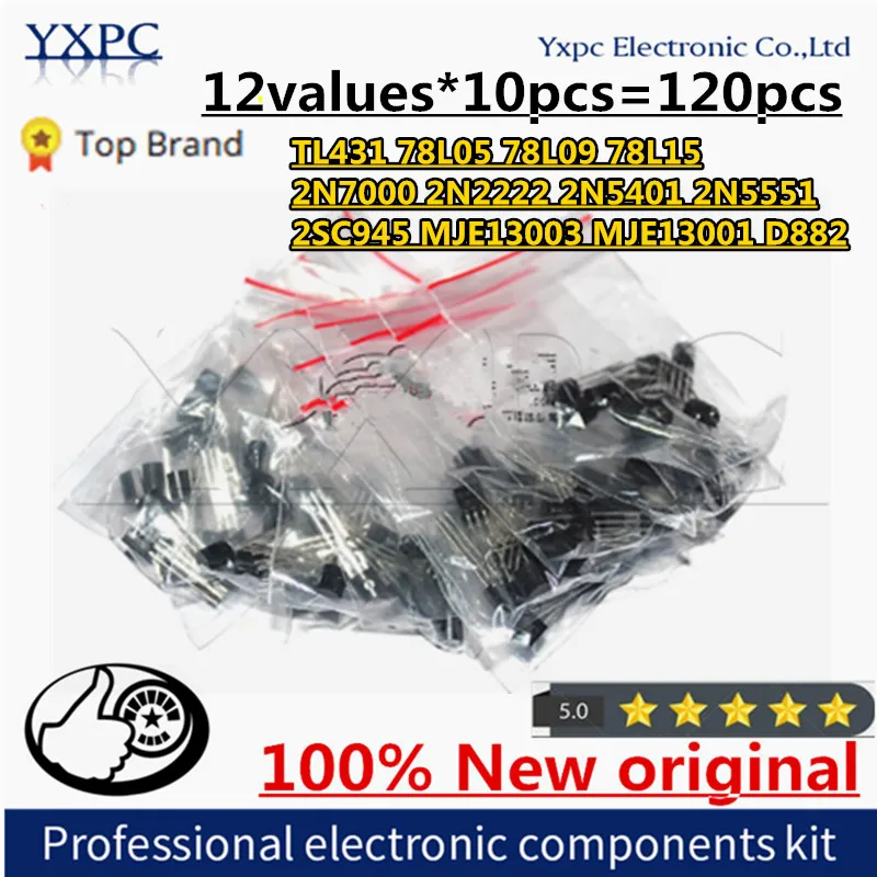 

12values*10pcs=120pcs TO-92 Transistor Kit TL431 78L05 78L09 78L15 2N7000 2N2222 2N5401 2N5551 C945 MJE13003 MJE13001 D882
