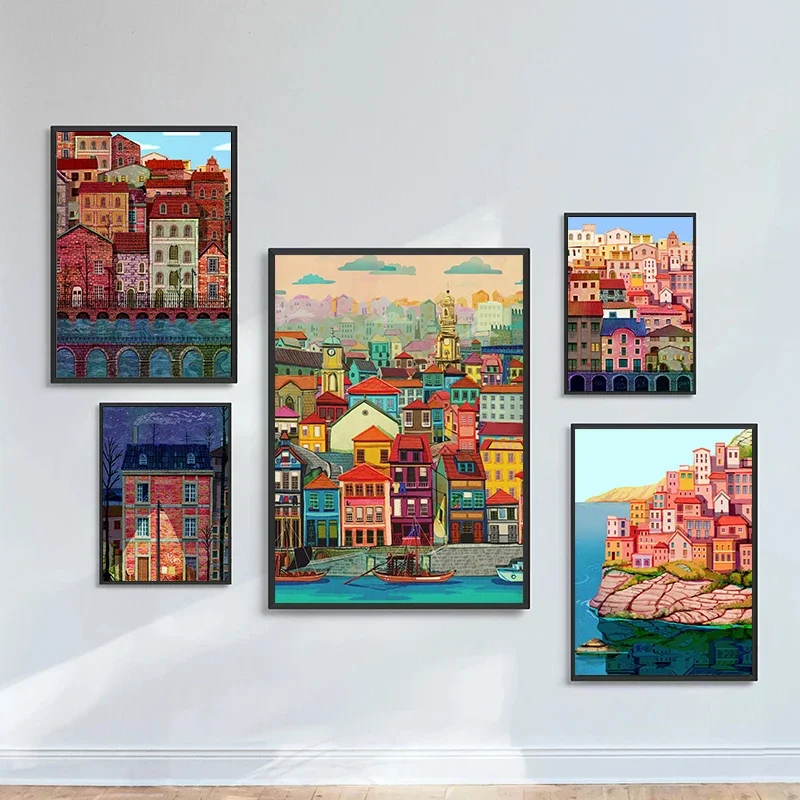 Modern Famous Colorful House Vintage Poster City Landscape Nordic Diamond Print Painting Wall Art Picture Home Decor No Frame