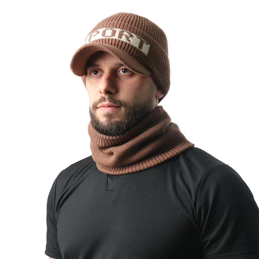 

Зимняя мужская вязаная шапка-снуд, 2 шт./компл., плюшевая меховая теплая фуражка, повседневная велосипедная езда, 2-слойная модель шапки и шарф, комплект для мужчин